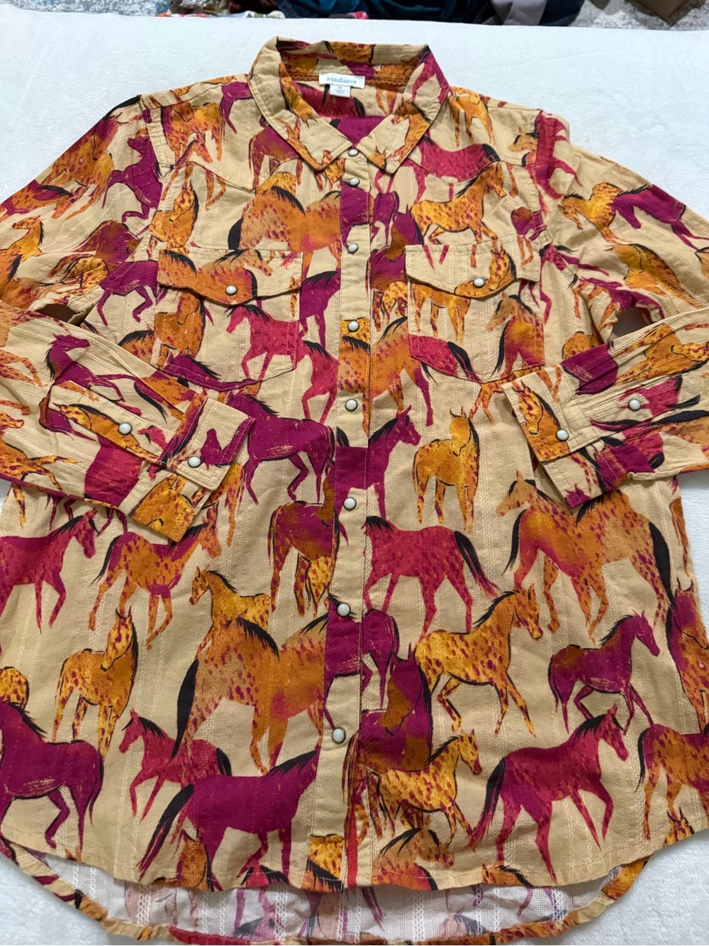 Sundance Catalog Wild Horse Print Western Snap Button Cotton Shirt M D78